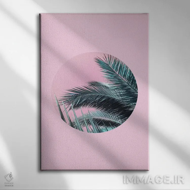تابلو مینیمال نخل ها روی پس زمینه صورتی اثر امانوئلا کاراتونی - نمای روبهرو روی دیوار