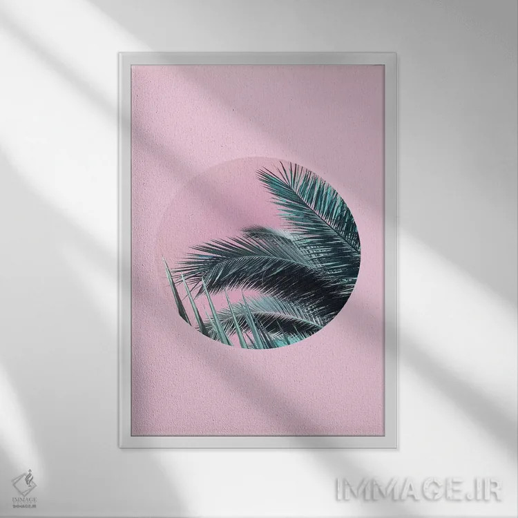 تابلو مینیمال نخل ها روی پس زمینه صورتی اثر امانوئلا کاراتونی - نمای قابدار سفید