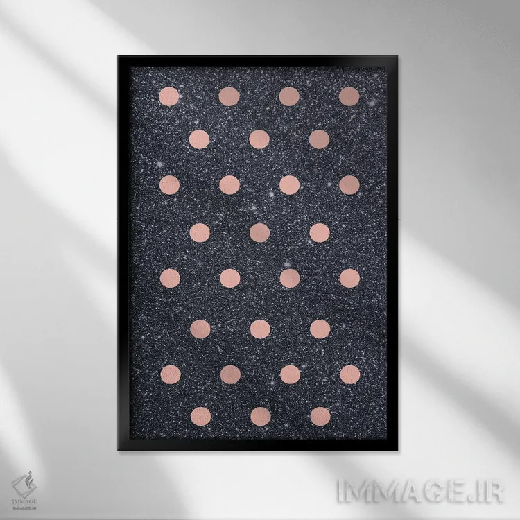 تابلو مینیمال نقاط صورتی روی پس زمینه براق اثر امانوئلا کاراتونی - نمای قابدار مشکی