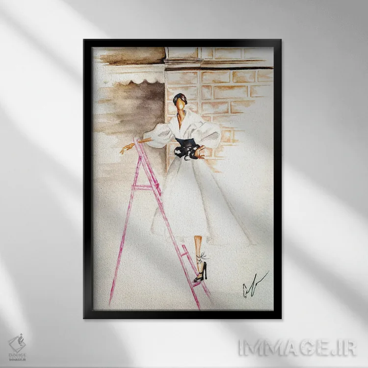 تابلو دکوراتیو نردبان صورتی اثر کلر تامپسون - نمای قابدار مشکی