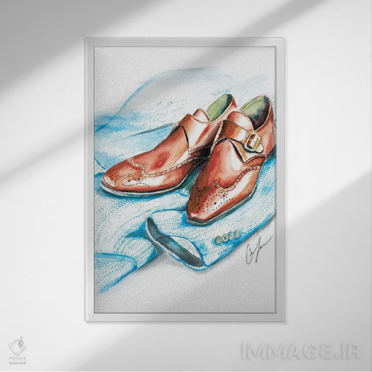 تابلو دکوراتیو کفش و پارچه توئید اثر کلر تامپسون - نمای قابدار سفید