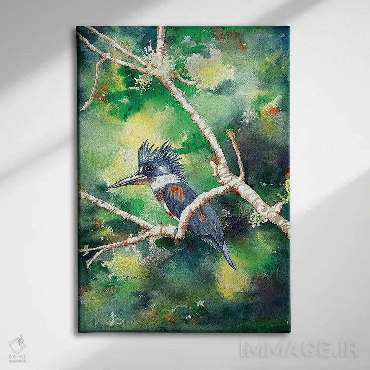 تابلو دکوراتیو مرغ ماهی خوار کنجکاو اثر کریستین ریشو - نمای روبهرو روی دیوار