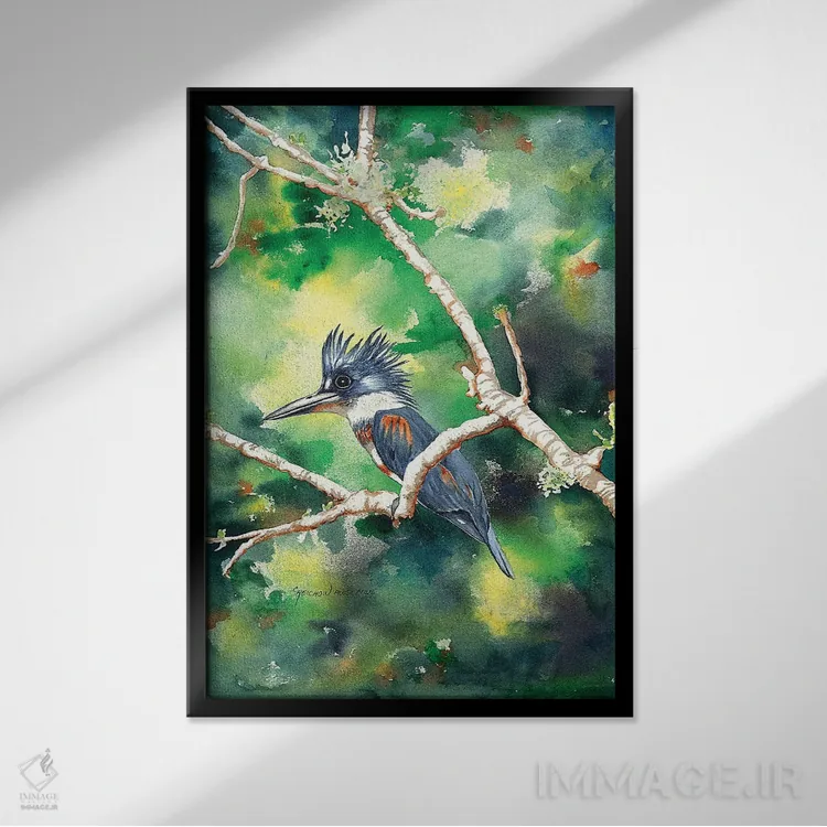 تابلو دکوراتیو مرغ ماهی خوار کنجکاو اثر کریستین ریشو - نمای قابدار مشکی