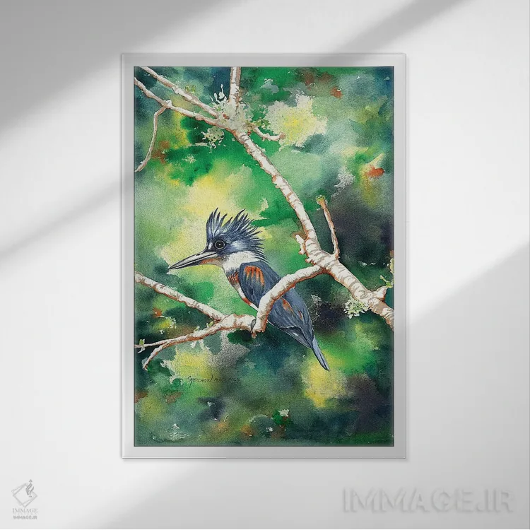 تابلو دکوراتیو مرغ ماهی خوار کنجکاو اثر کریستین ریشو - نمای قابدار سفید