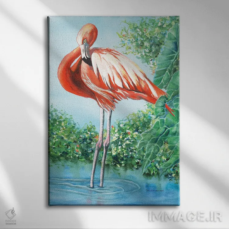 تابلو دکوراتیو فلامینگوی عشوه گر اثر کریستین ریشو - نمای روبهرو روی دیوار
