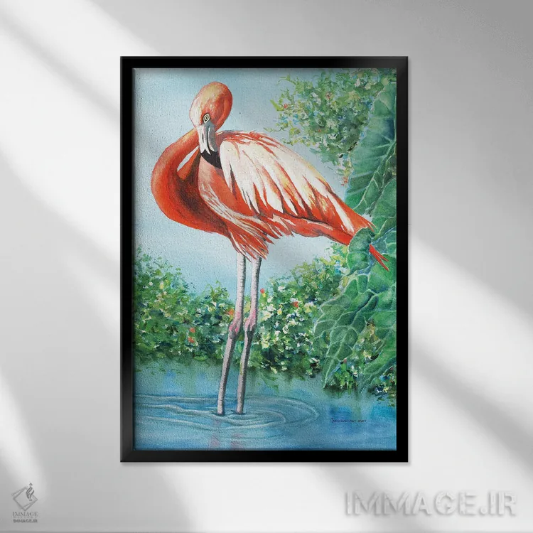 تابلو دکوراتیو فلامینگوی عشوه گر اثر کریستین ریشو - نمای قابدار مشکی
