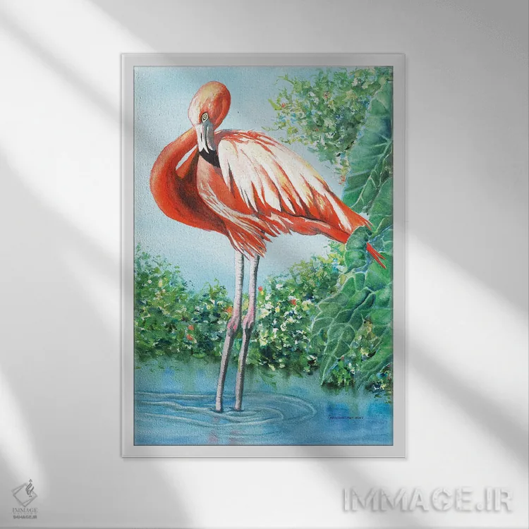 تابلو دکوراتیو فلامینگوی عشوه گر اثر کریستین ریشو - نمای قابدار سفید