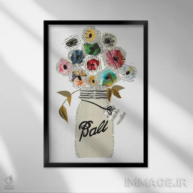 تابلو مدرن دسته گل در شیشه میسون اثر پیپر کاتز - نمای قابدار مشکی