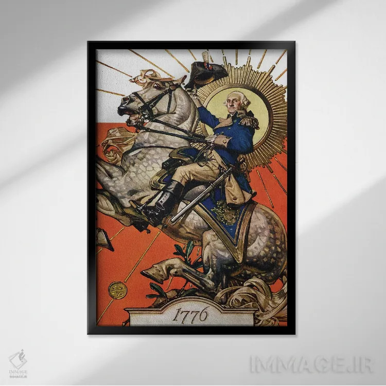 تابلو دکوراتیو جرج واشینگتن بر اسب اثر جی.سی. لیندکر - نمای قابدار مشکی