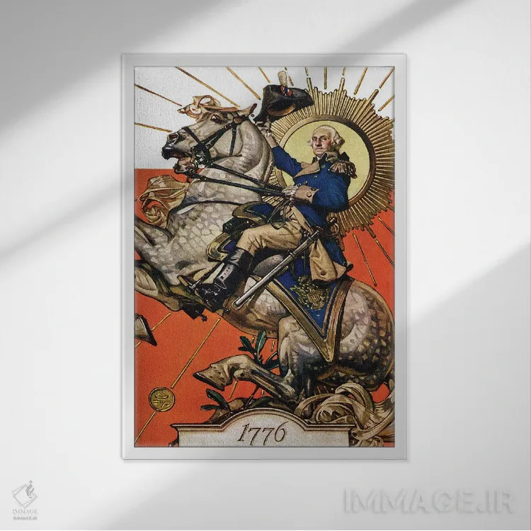 تابلو دکوراتیو جرج واشینگتن بر اسب اثر جی.سی. لیندکر - نمای قابدار سفید