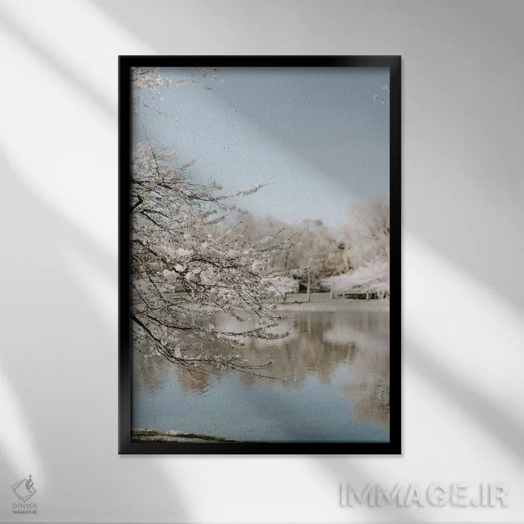 تابلو دکوراتیو شکوفه های گیلاس کنار دریاچه اثر چلسیا ویکتوریا - نمای قابدار مشکی