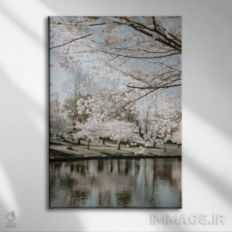 تابلو دکوراتیو شکوفه ها کنار آب اثر چلسیا ویکتوریا - نمای روبهرو روی دیوار