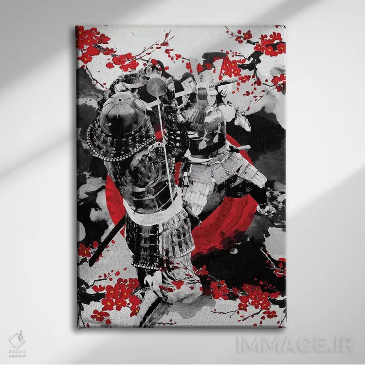 تابلو دکوراتیو دوئل سامورایی های شکوفه گیلاس اثر کورنل ولاد - نمای روبهرو روی دیوار