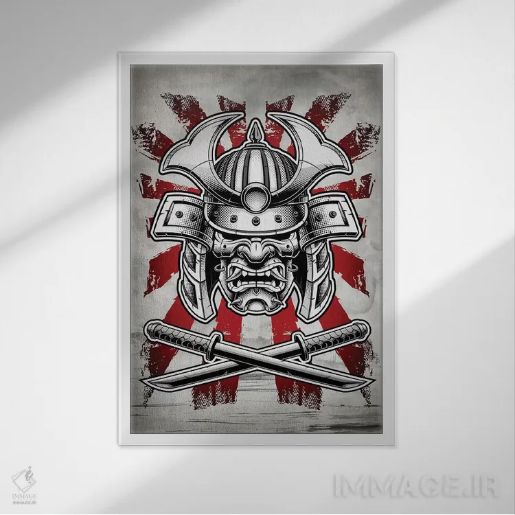 تابلو دکوراتیو نقاب سامورایی اثر کورنل ولاد - نمای قابدار سفید