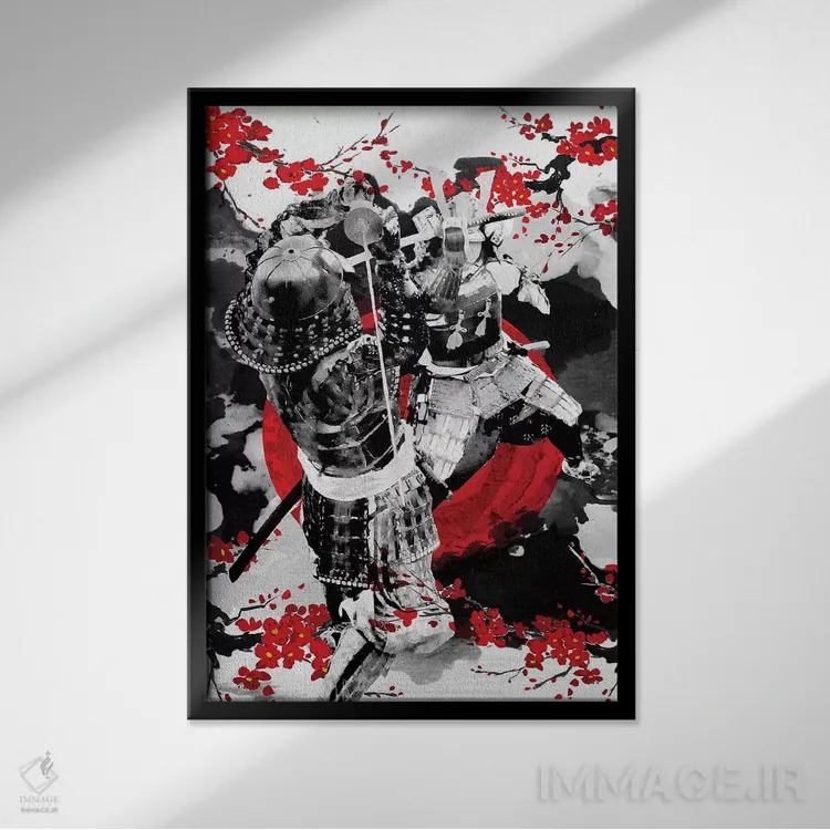 تابلو دکوراتیو دوئل سامورایی های شکوفه گیلاس اثر کورنل ولاد - نمای قابدار مشکی