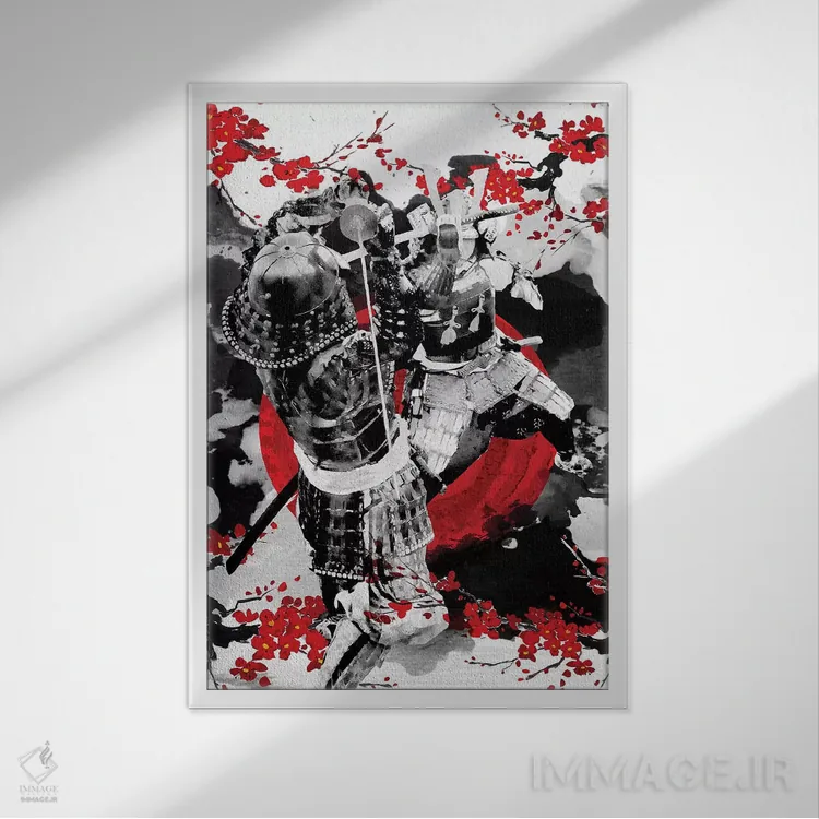 تابلو دکوراتیو دوئل سامورایی های شکوفه گیلاس اثر کورنل ولاد - نمای قابدار سفید