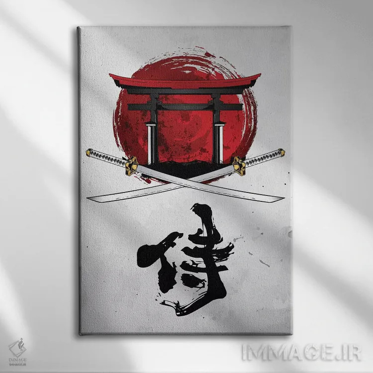تابلو دکوراتیو کاتانای سامورایی با دروازه توری اثر کورنل ولاد - نمای روبهرو روی دیوار