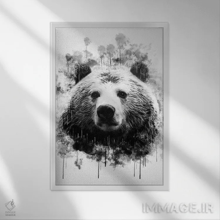 تابلو دکوراتیو سر خرس سیاه و سفید اثر کورنل ولاد - نمای قابدار سفید