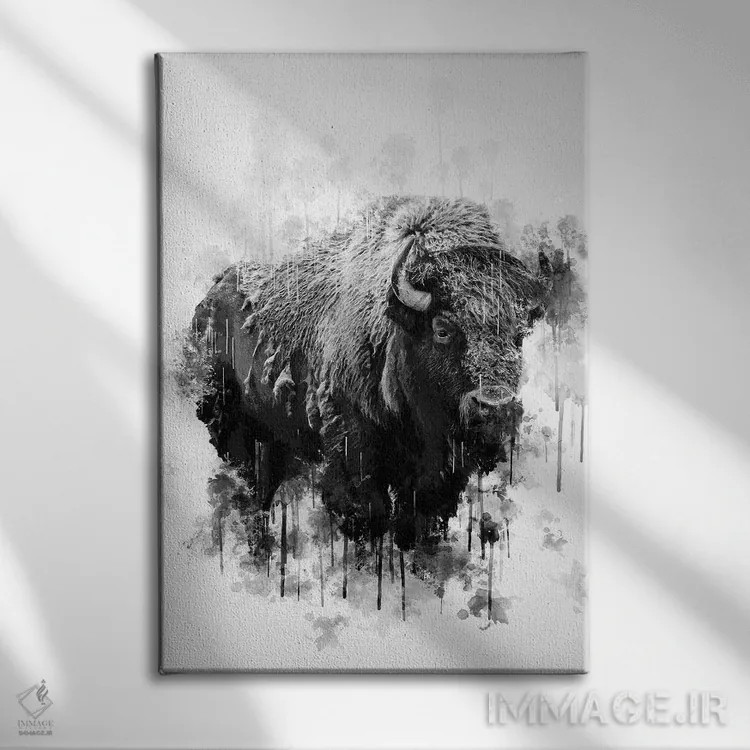 تابلو دکوراتیو گاومیش کوهان دار سیاه و سفید اثر کورنل ولاد - نمای روبهرو روی دیوار