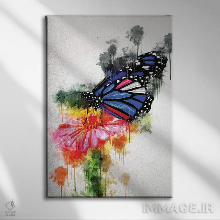 تابلو دکوراتیو پروانه روی گل اثر کورنل ولاد - نمای روبهرو روی دیوار