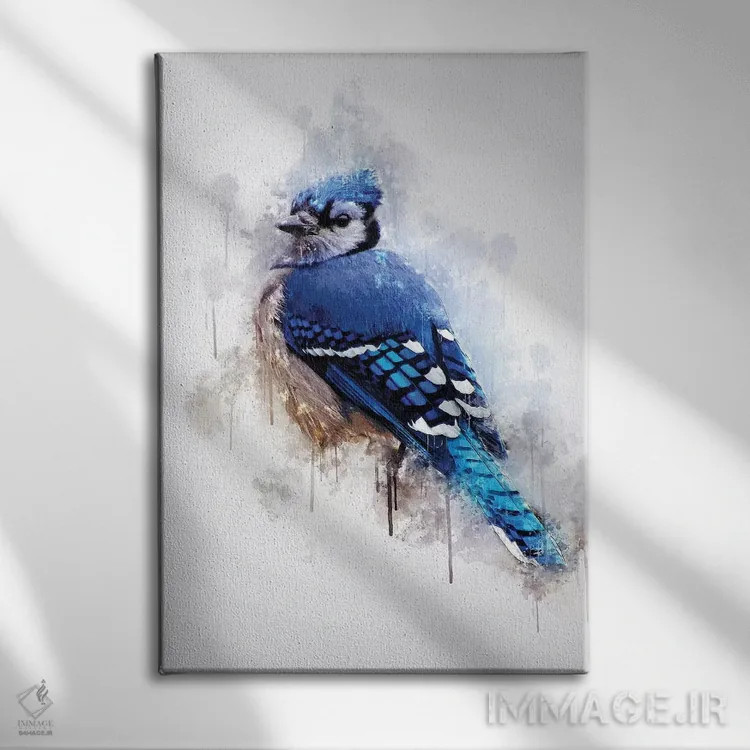 تابلو دکوراتیو پرنده جی آبی اثر کورنل ولاد - نمای روبهرو روی دیوار