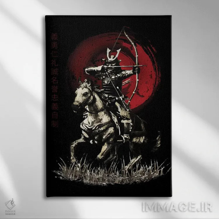 تابلو دکوراتیو سامورایی بوشیدو یابوسامه تیرانداز سوار بر اسب اثر کورنل ولاد - نمای روبهرو روی دیوار