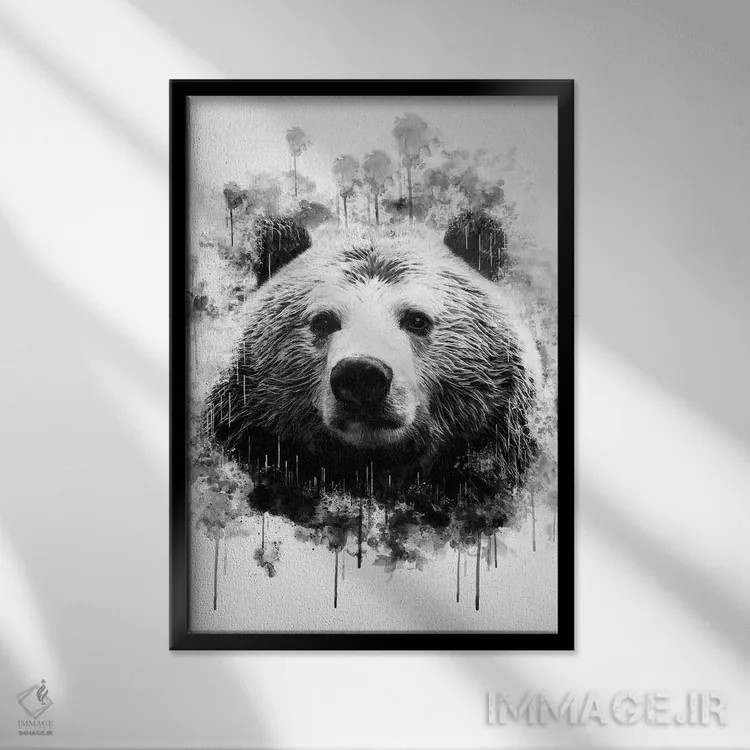 تابلو دکوراتیو سر خرس سیاه و سفید اثر کورنل ولاد - نمای قابدار مشکی