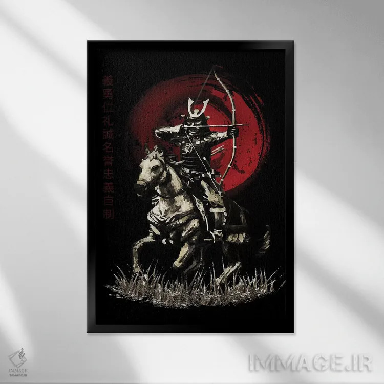 تابلو دکوراتیو سامورایی بوشیدو یابوسامه تیرانداز سوار بر اسب اثر کورنل ولاد - نمای قابدار مشکی
