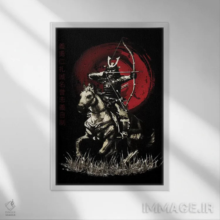 تابلو دکوراتیو سامورایی بوشیدو یابوسامه تیرانداز سوار بر اسب اثر کورنل ولاد - نمای قابدار سفید