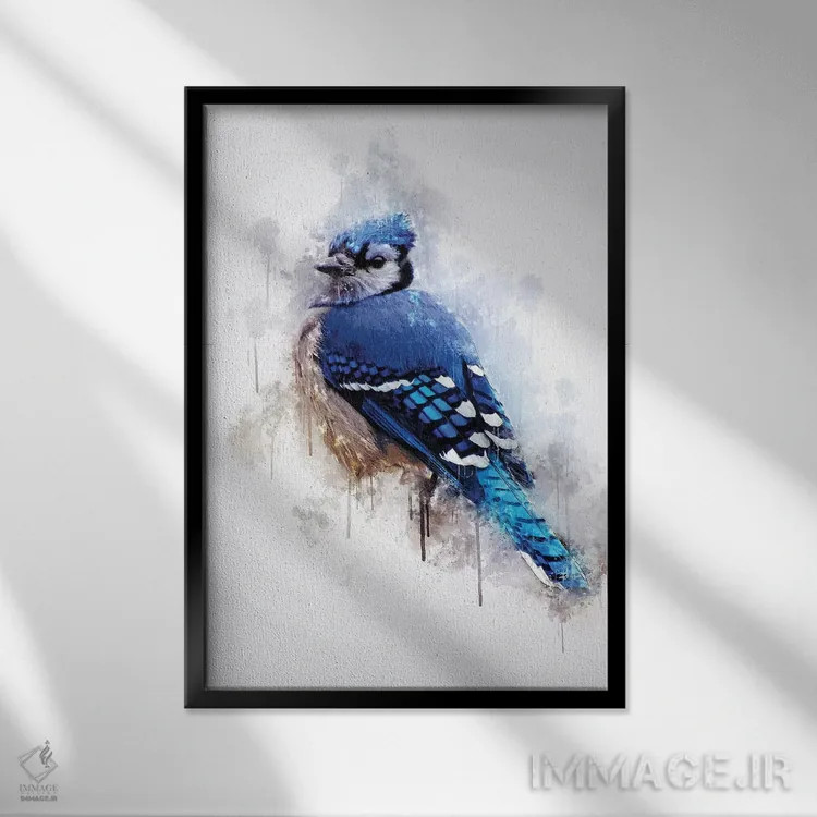تابلو دکوراتیو پرنده جی آبی اثر کورنل ولاد - نمای قابدار مشکی