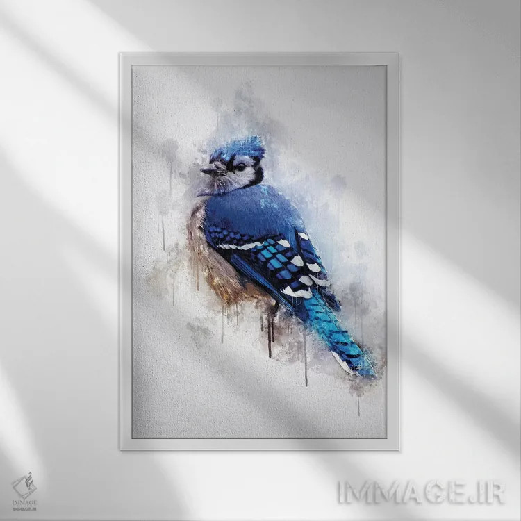 تابلو دکوراتیو پرنده جی آبی اثر کورنل ولاد - نمای قابدار سفید