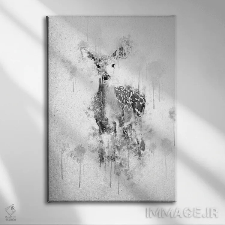 تابلو دکوراتیو گوزن سیاه و سفید اثر کورنل ولاد - نمای روبهرو روی دیوار