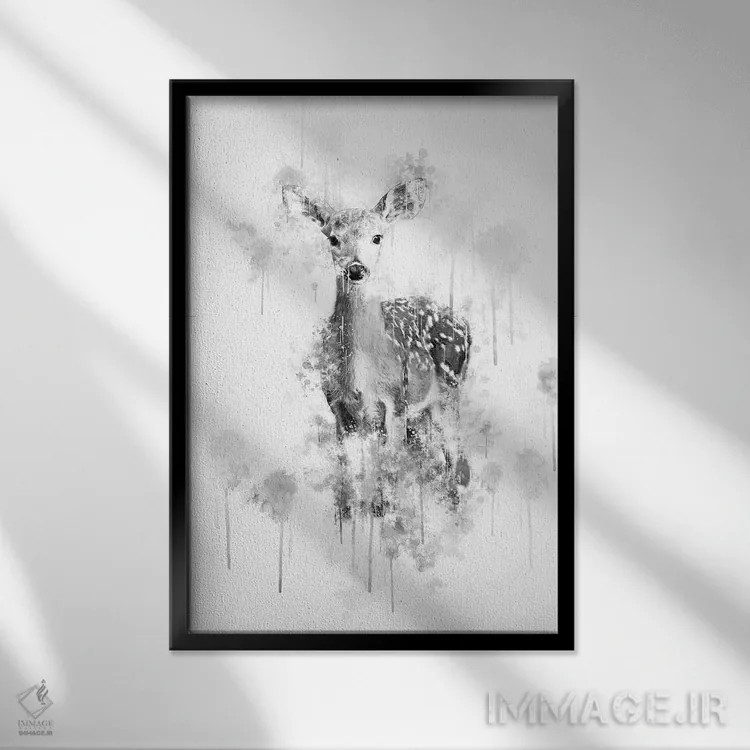 تابلو دکوراتیو گوزن سیاه و سفید اثر کورنل ولاد - نمای قابدار مشکی