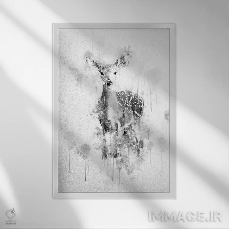 تابلو دکوراتیو گوزن سیاه و سفید اثر کورنل ولاد - نمای قابدار سفید