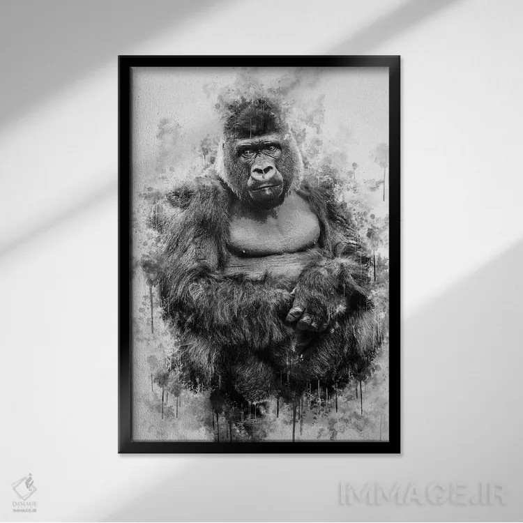 تابلو دکوراتیو گوریل سیاه و سفید اثر کورنل ولاد - نمای قابدار مشکی