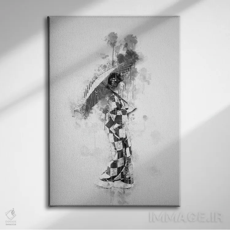 تابلو دکوراتیو دختر ژاپنی سیاه و سفید اثر کورنل ولاد - نمای روبهرو روی دیوار