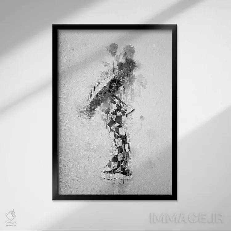 تابلو دکوراتیو دختر ژاپنی سیاه و سفید اثر کورنل ولاد - نمای قابدار مشکی