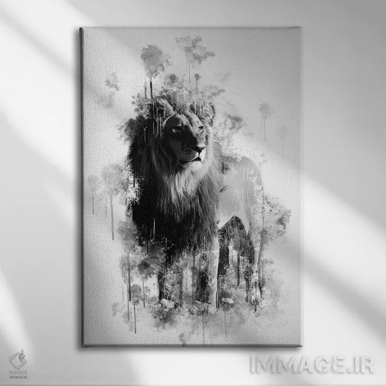 تابلو دکوراتیو شیر سیاه و سفید اثر کورنل ولاد - نمای روبهرو روی دیوار