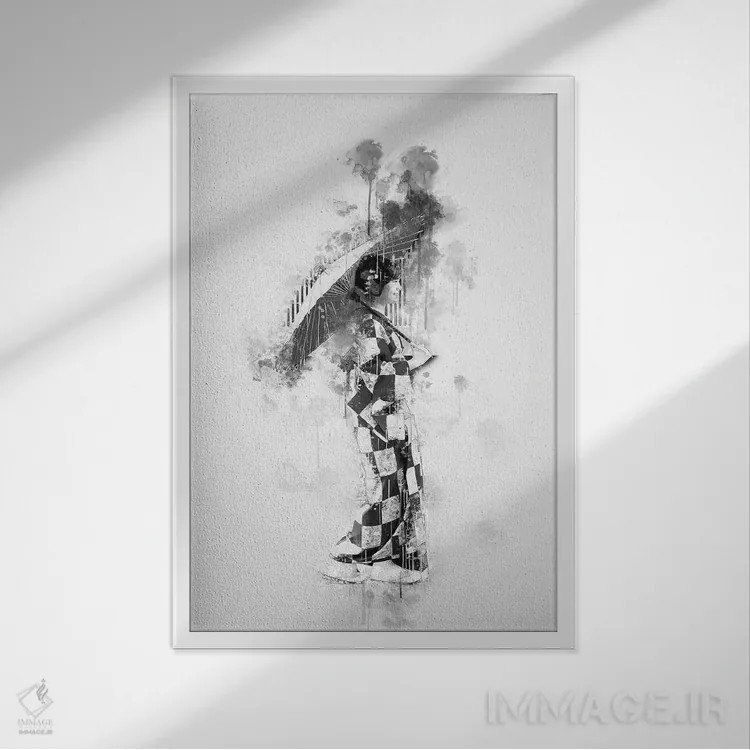 تابلو دکوراتیو دختر ژاپنی سیاه و سفید اثر کورنل ولاد - نمای قابدار سفید