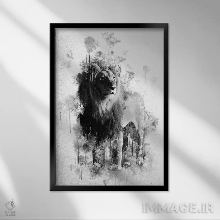 تابلو دکوراتیو شیر سیاه و سفید اثر کورنل ولاد - نمای قابدار مشکی