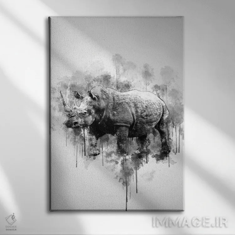 تابلو دکوراتیو کرگدن در سیاه و سفید اثر کورنل ولاد - نمای روبهرو روی دیوار