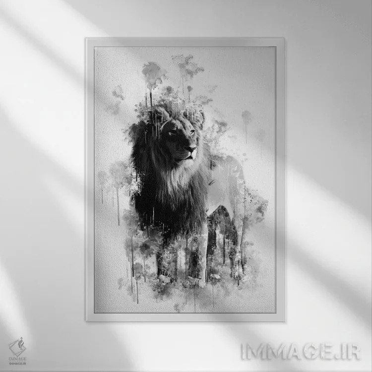 تابلو دکوراتیو شیر سیاه و سفید اثر کورنل ولاد - نمای قابدار سفید