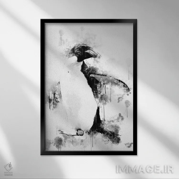 تابلو دکوراتیو پنگوئن ماکارونی در سیاه و سفید اثر کورنل ولاد - نمای قابدار مشکی