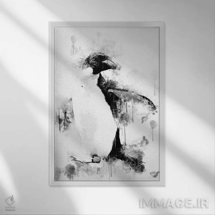تابلو دکوراتیو پنگوئن ماکارونی در سیاه و سفید اثر کورنل ولاد - نمای قابدار سفید
