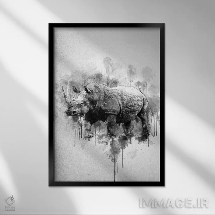 تابلو دکوراتیو کرگدن در سیاه و سفید اثر کورنل ولاد - نمای قابدار مشکی