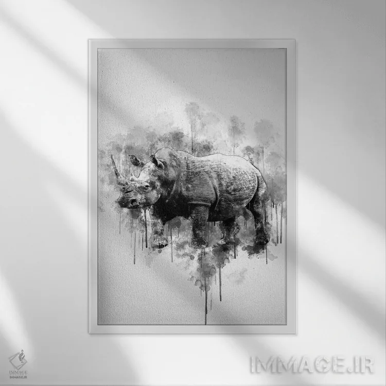 تابلو دکوراتیو کرگدن در سیاه و سفید اثر کورنل ولاد - نمای قابدار سفید