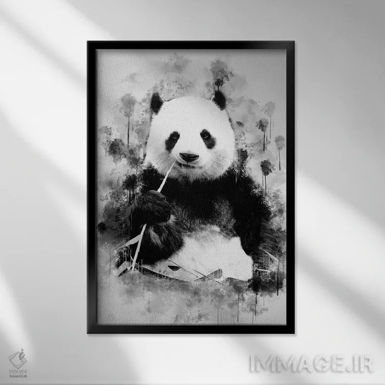 تابلو دکوراتیو پاندا در سیاه و سفید اثر کورنل ولاد - نمای قابدار مشکی