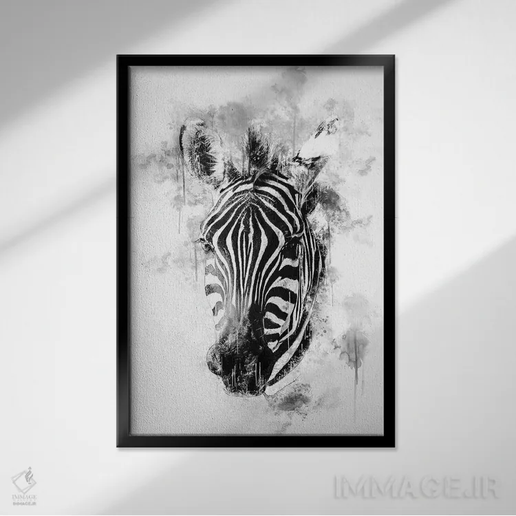 تابلو دکوراتیو سر گورخر در سیاه و سفید اثر کورنل ولاد - نمای قابدار مشکی