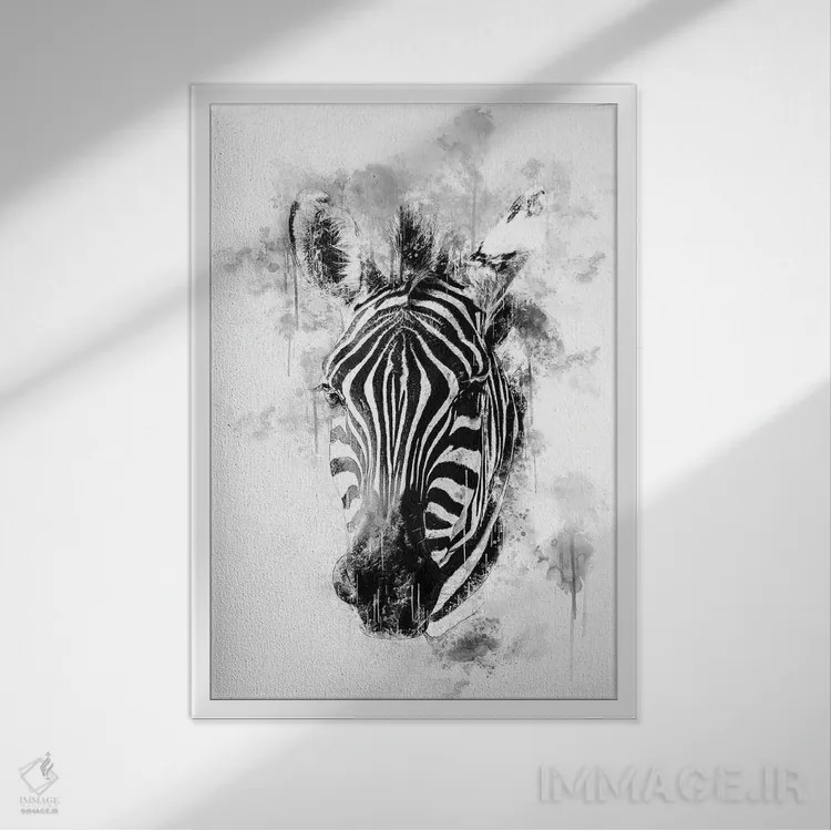 تابلو دکوراتیو سر گورخر در سیاه و سفید اثر کورنل ولاد - نمای قابدار سفید