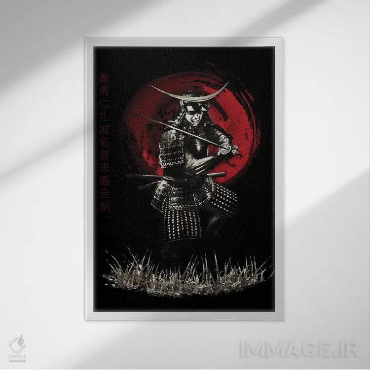 تابلو دکوراتیو سامورایی بوشیدو در حال دفاع کردن اثر کورنل ولاد - نمای قابدار سفید